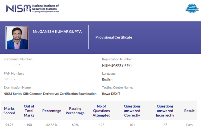 Ganesh Kumar Gupta  NISM Exams Testimonial